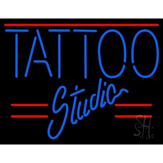 Tattoo Studio LED Neon Sign 24" Tall x 31" Wide - inches Black Square Cut Acrylic Backing, with Dimmer - Premium built indoor Sign for Storefront, Store interior, Workshop, Studio.