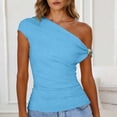 thumbnail image 2 of Womens Ruched One Shoulder Top, Slim Fit Cropped Stretchy Blouse with Gold Buckle for Party Date Night Going Out, Sky Blue,Size XL, 2 of 9
