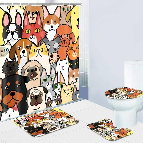 4 Pcs Funny Rubber Duck Shower Curtain Set Bathroom Sets with Waterproof Fabric Shower Curtain and Non-Slip Rugs Toilet Lid Cover Bath Mat Decor with Hooks(72x72 Inch)