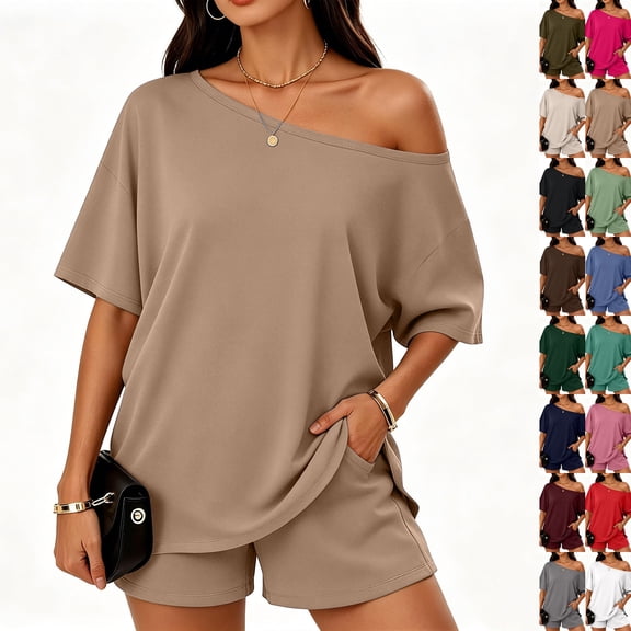 2 Piece Sets for Women Summer Off the Shoulder T Shirt Casual Shorts Matching Comfy Lounge Sets Airport Travel Outfit,Khaki,S