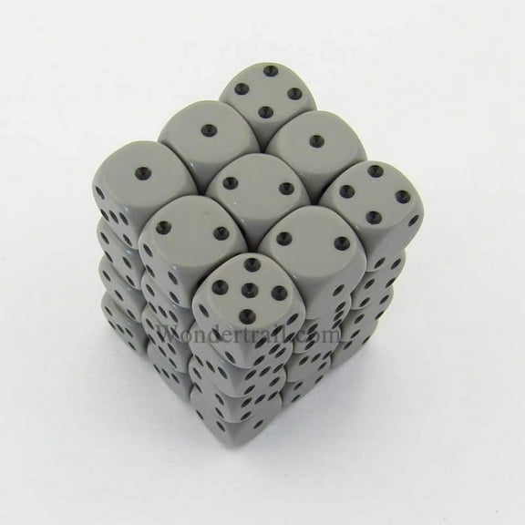 Grey Opaque D6 Dice with Black Pips 12mm (1/2in) Pack of 36 Dice Chessex