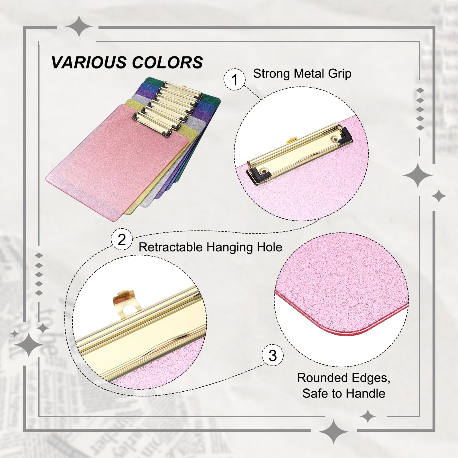 Uxcell Plastic Clip Boards, A4 Size Glitter Pink Stylish Clip Boards Glitter Design Cute Clipboards Office Supplies for Restaurant Shop Store Note Memo Card Sign Holder