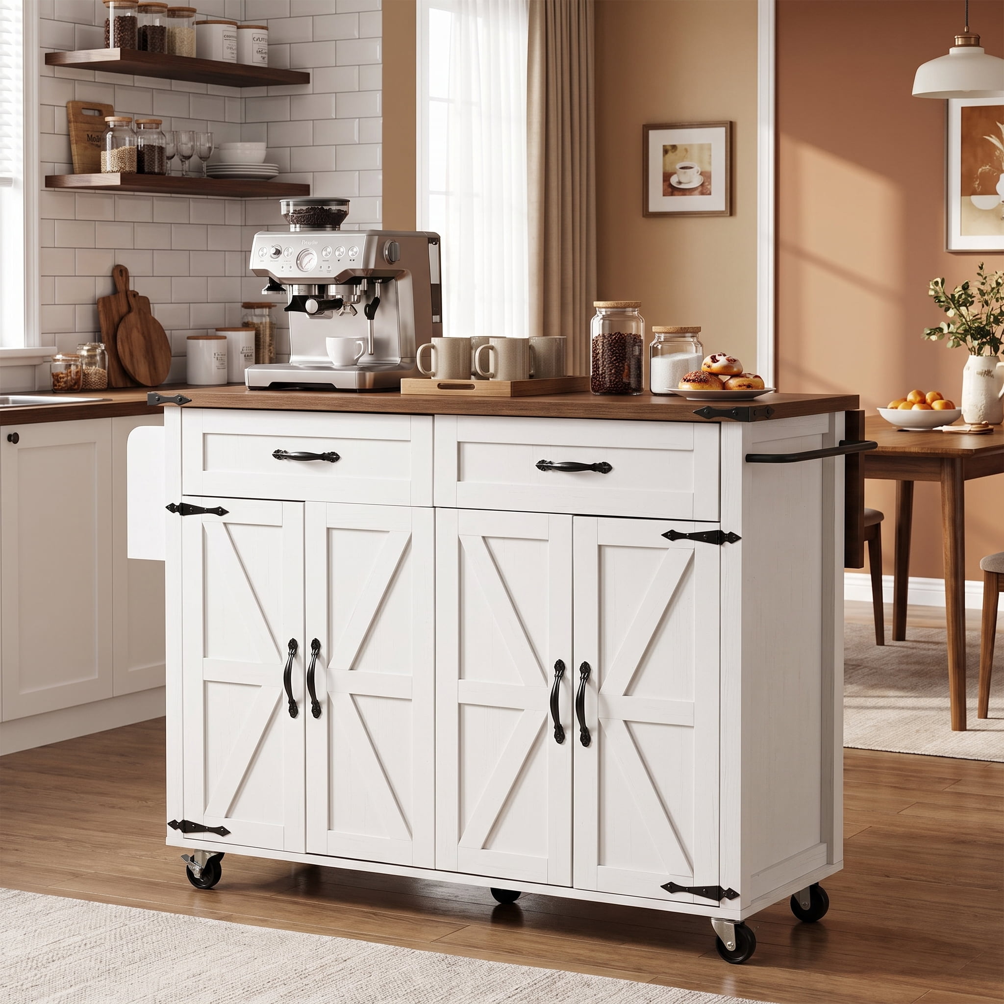 Homy Casa 53.5" Farmhouse Kitchen Island Cart with Drop Leaf, Storage and Power Outlet, White