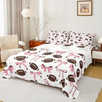 Homewish Cute Bowtie Ribbon Twin Sheet Sets,Rugby Football Game Twin Fitted Sheet,Pink White Brown Flat Sheet For Girl Kids,Ultra Soft Home Decor,3pcs