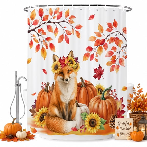 Thanksgiving Shower Curtain, Waterproof Shower Curtains for Bathroom, Fall Fox Sunflowers Orange Maple Leaves Washable Fabric Bathtub Curtain Set Bath Decor with 12 Hooks 72"x78"