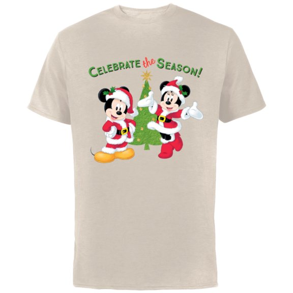 Disney Santa Mickey Minnie Celebrate Season Holiday - Short Sleeve Cotton T-Shirt for Adults - Customized-Natural