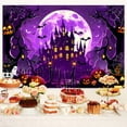 thumbnail image 2 of 4 x 4 ft Halloween Backdrop Purple Night Moon Bat Castle Background Devil Pumpkin Lantern Scary Spooky Haunted House Cemetery Spider Web Kids Child Hallowmas Party Decorations Photoshoot Backdrops, 2 of 5