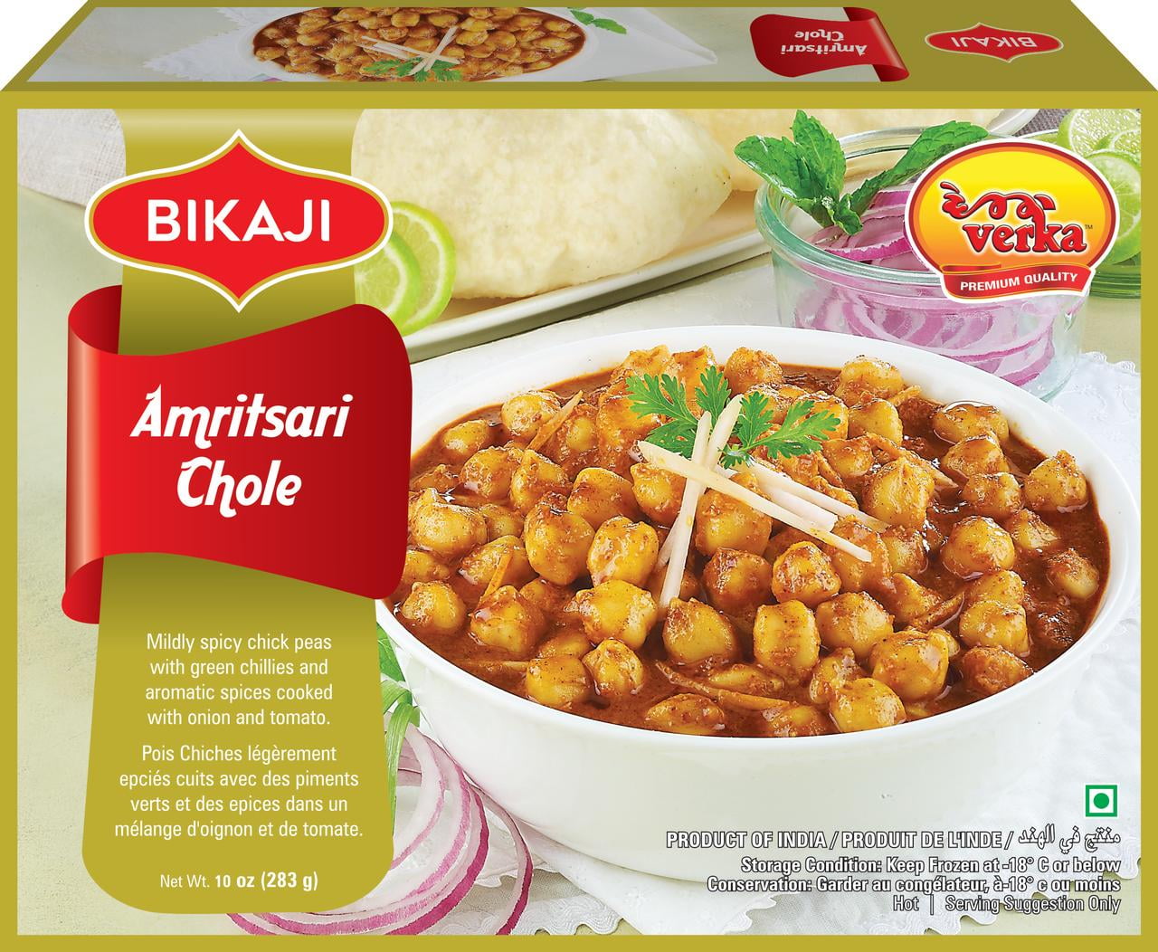 Bikaji Frozen Amritsari Chole Curry, 283g, Mildly Spicy Chickpeas with Green Chillies and Aromatic Spices Cooked with Onion and Tomatoes