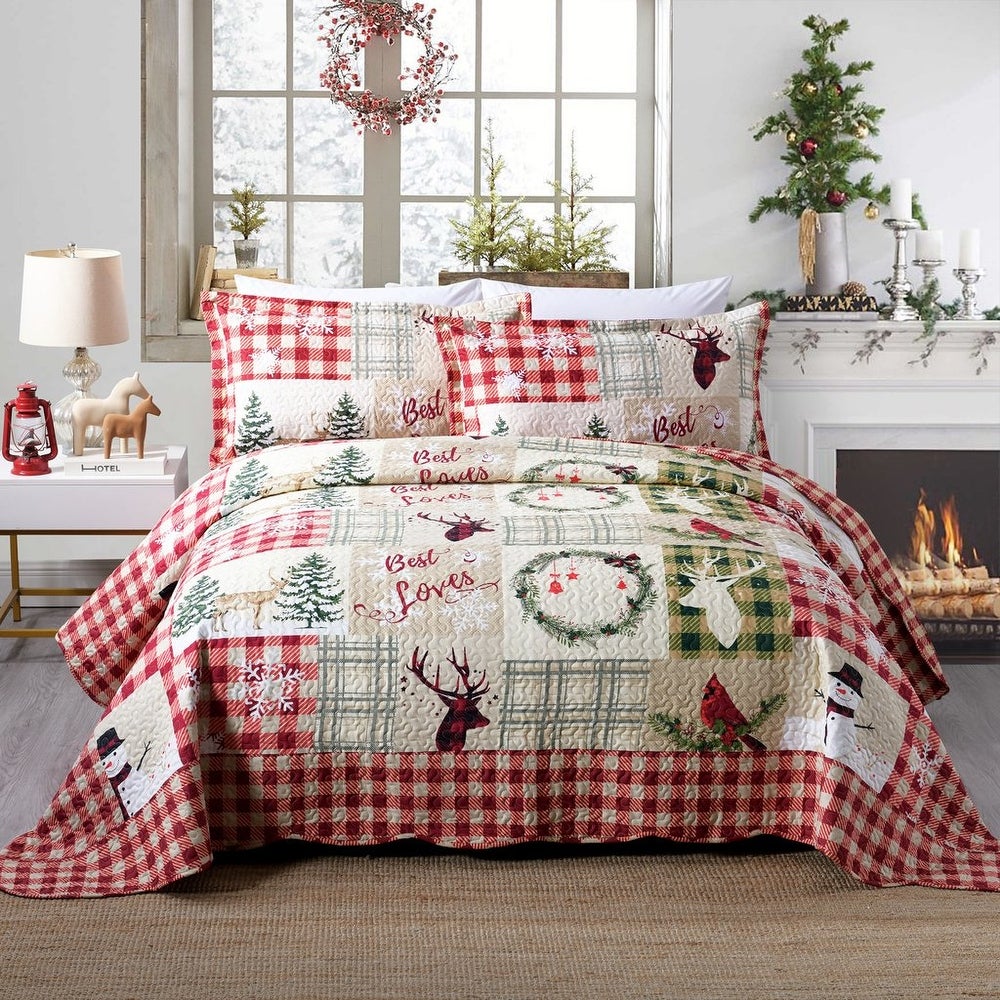 Farmhouse Christmas Rustic Plaid, Reindeer, Snowman, Deer King Quilt Set (3 Piece Bedding 