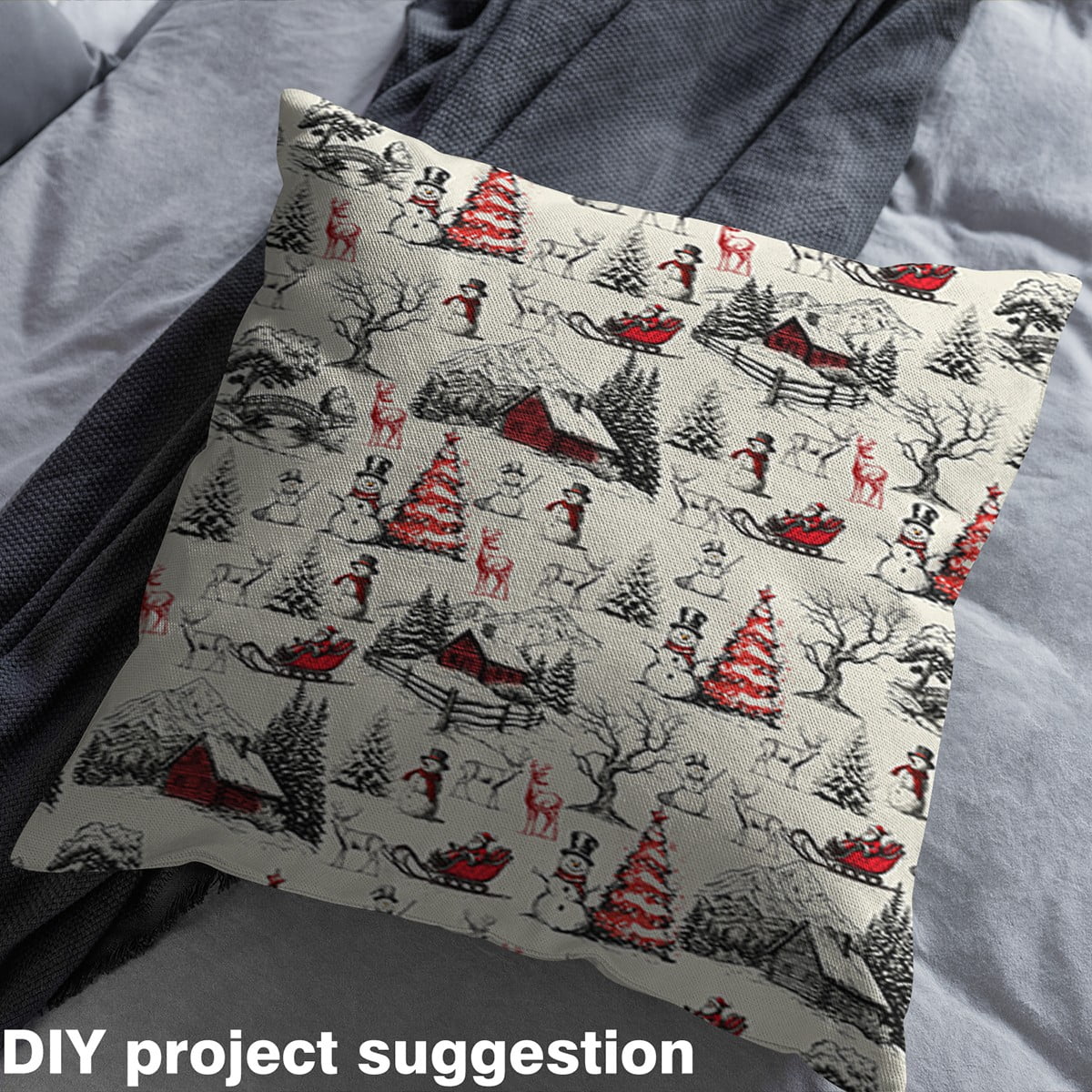 Homewish Cute Christmas Reindeer Fabric by the Yard 2 Yard,Kawaii Snowman Room Decor Fabric by the Yard,Red Chic Xmas Tree Fabric for Sewing For Adults, Breathable Home Decor