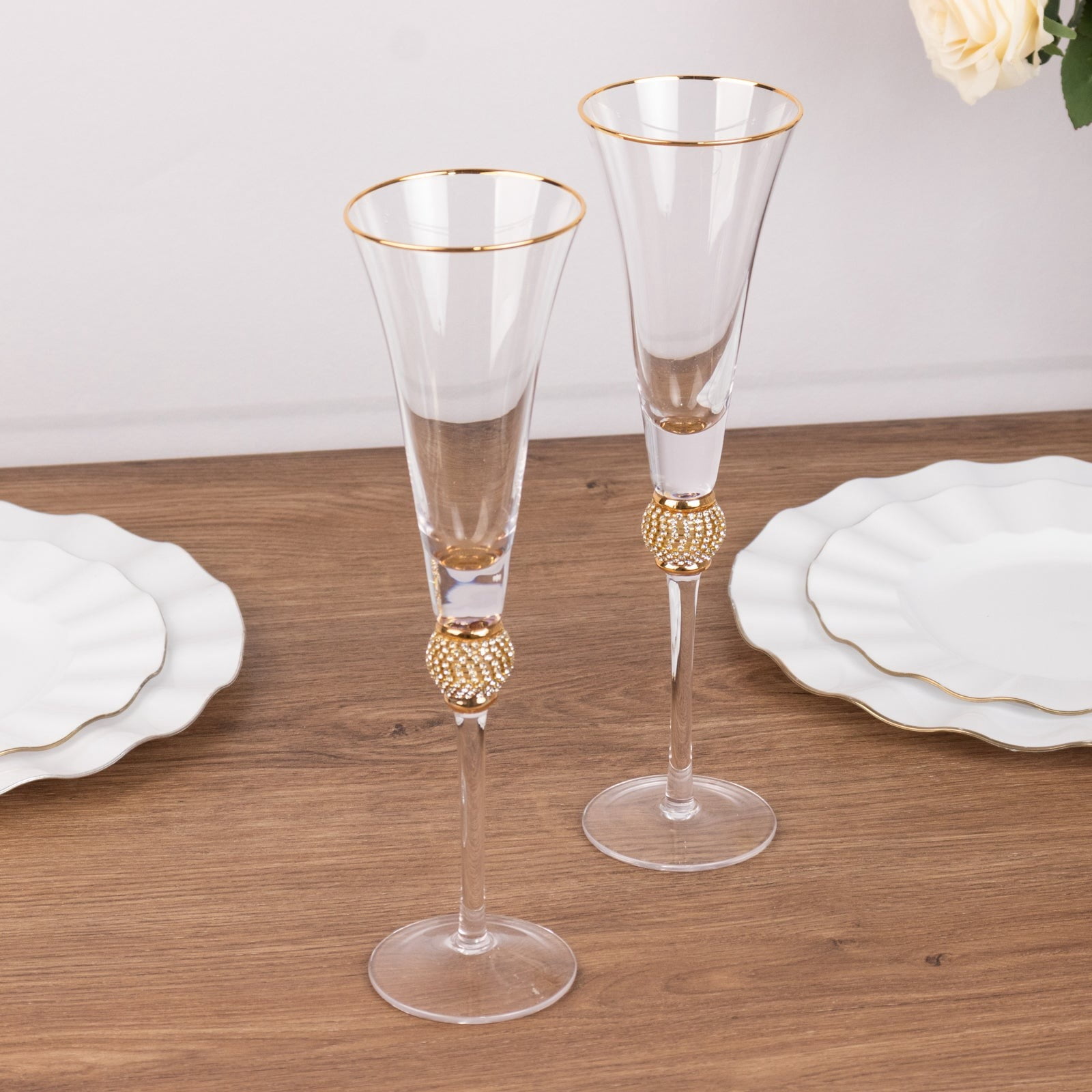 BalsaCircle 6 Clear Champagne Flute Glasses 6oz Gold Rim Design with Rhinestones Party Events Decorations
