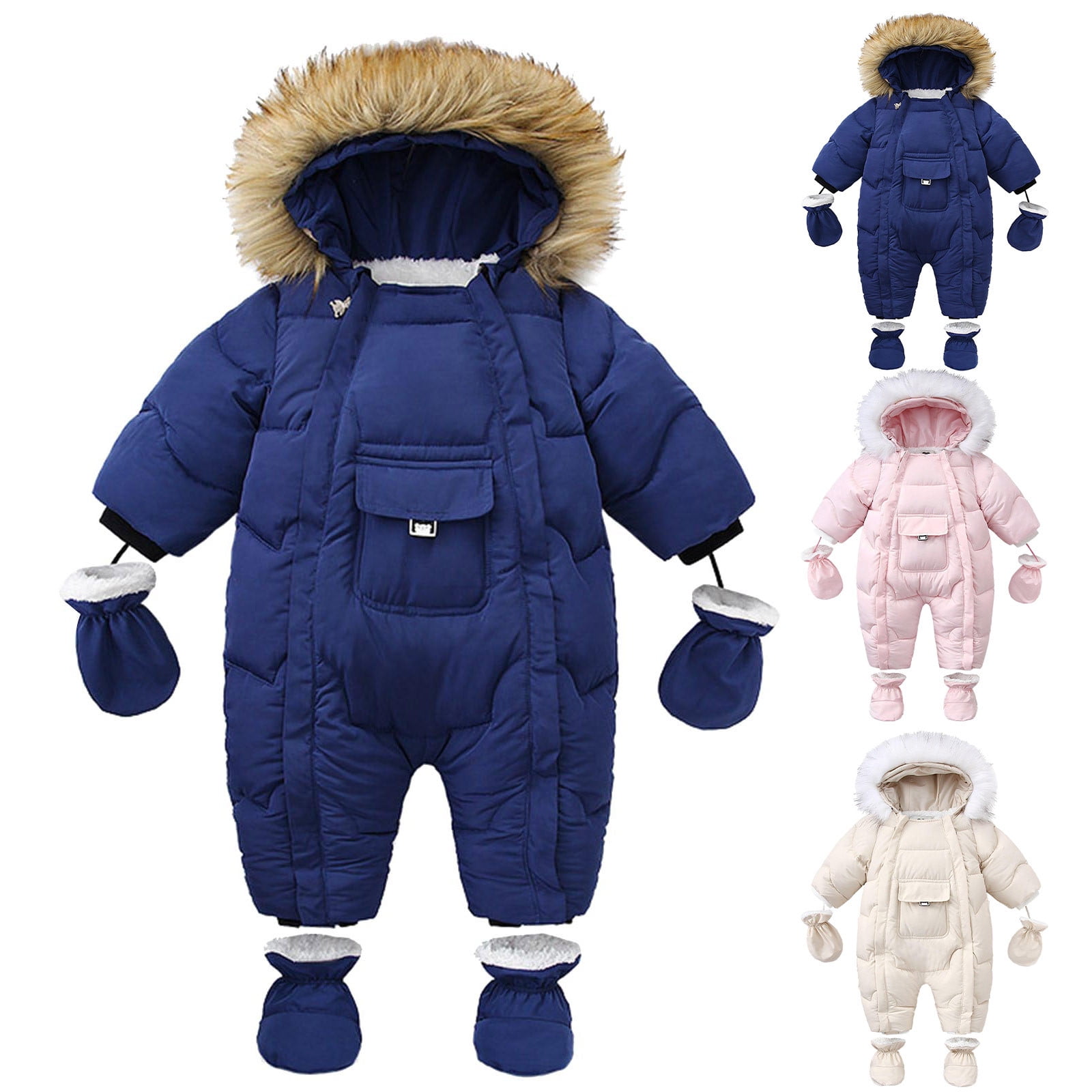 EQWLJWE Baby Puffer Onesie Snowsuit Winter Warm Faux Fur Hooded