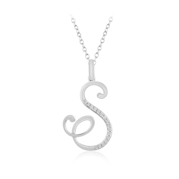 Drop Style Initial "S" Alphabet Letter Pendant Necklace Round Natural Diamond In 10K White Gold (0.13 Carat, I-J Color, I2-I3 Clarity)