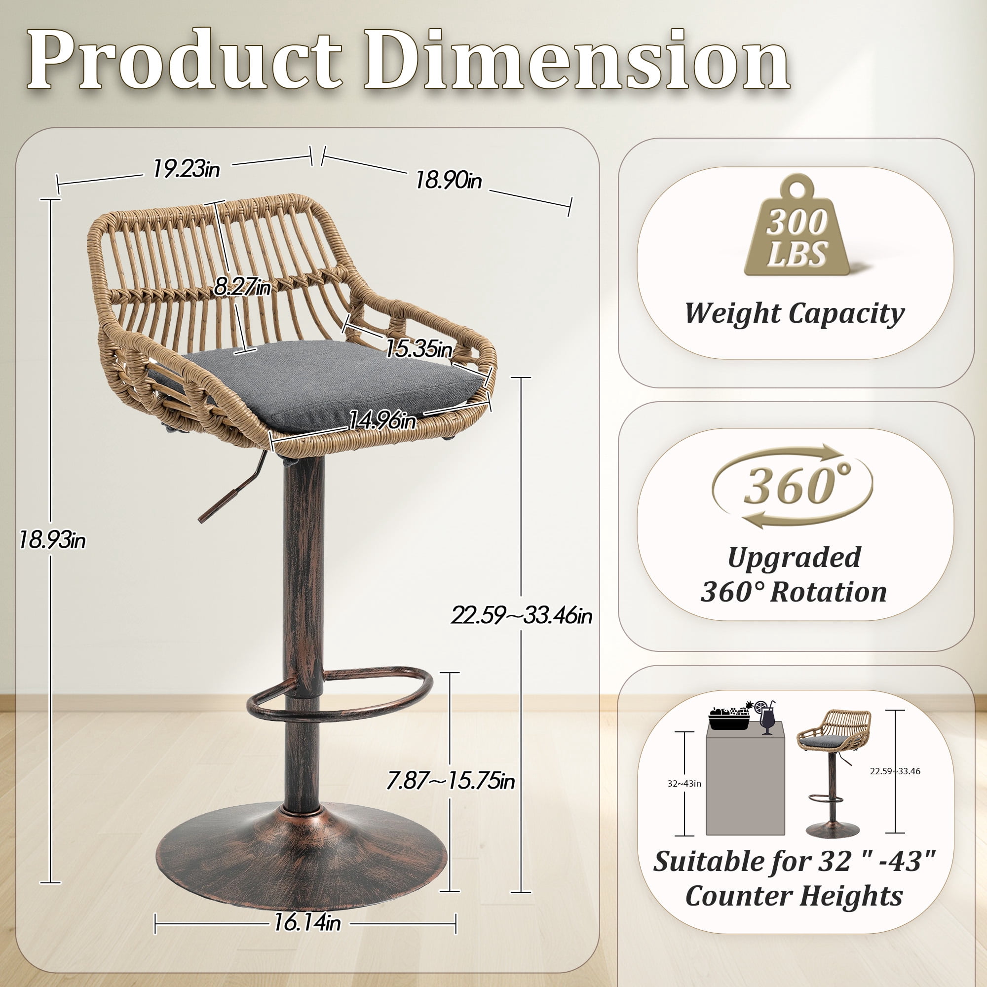 MOONMISS Swivel Bar Stools Set of 2, Modern Adjustable Counter Height Barstools with Back, Rattan Bar Chairs with Cushions & Metal Footrest, Pub Stools for Kitchen, Bar, Dining Room,Gray