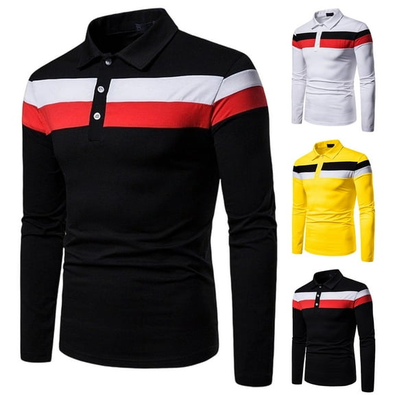 YOIAVAIOY Mens Long Sleeve Golf Shirt Lapel 3 Button Polos Shirts Striped Color Block Poloss Stylish Casual Collared Tees Black M