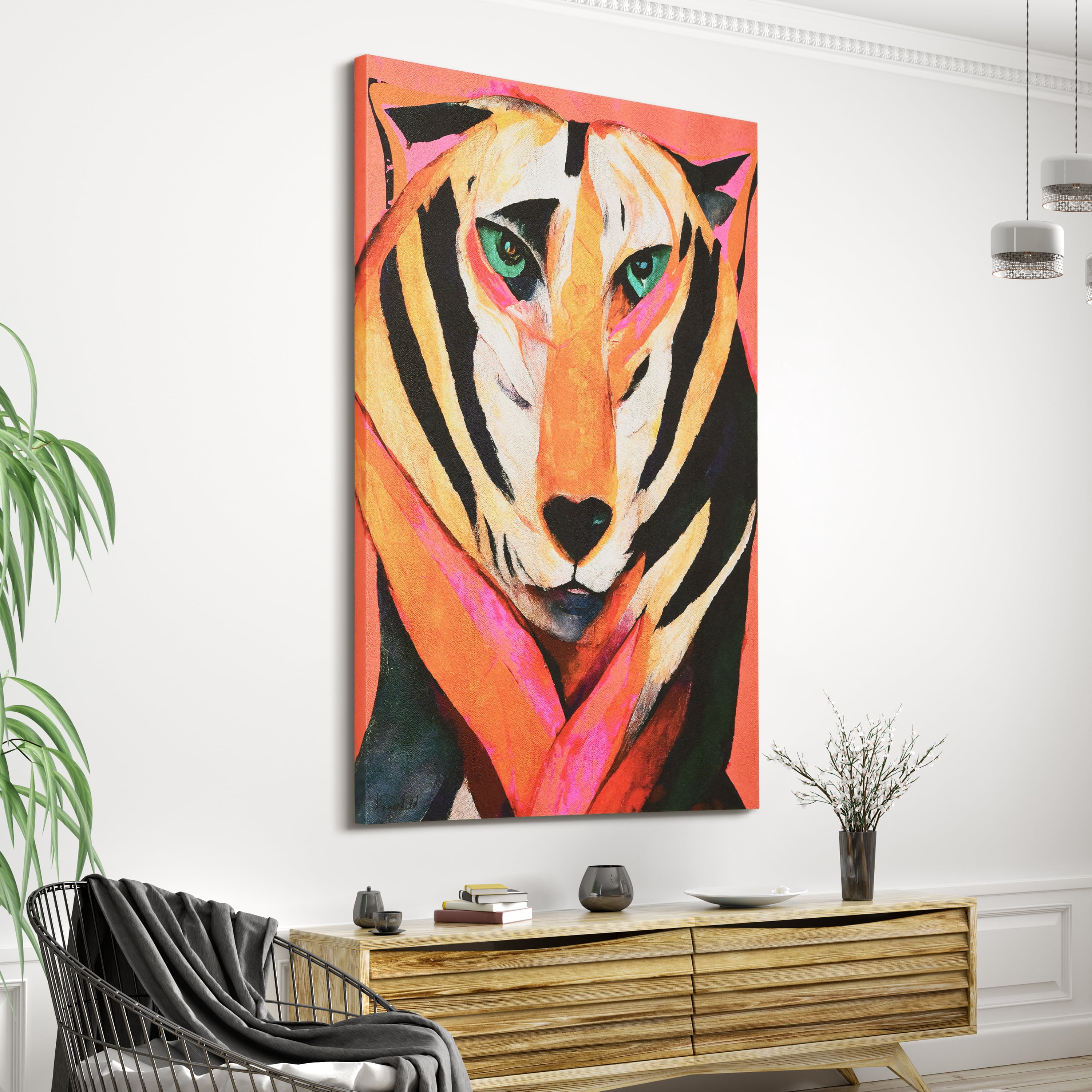 "Vibrant Majesty", Tiger Rendered on Gold Shagreen Wrapped Canvas Wall Art, sized 60"x40"