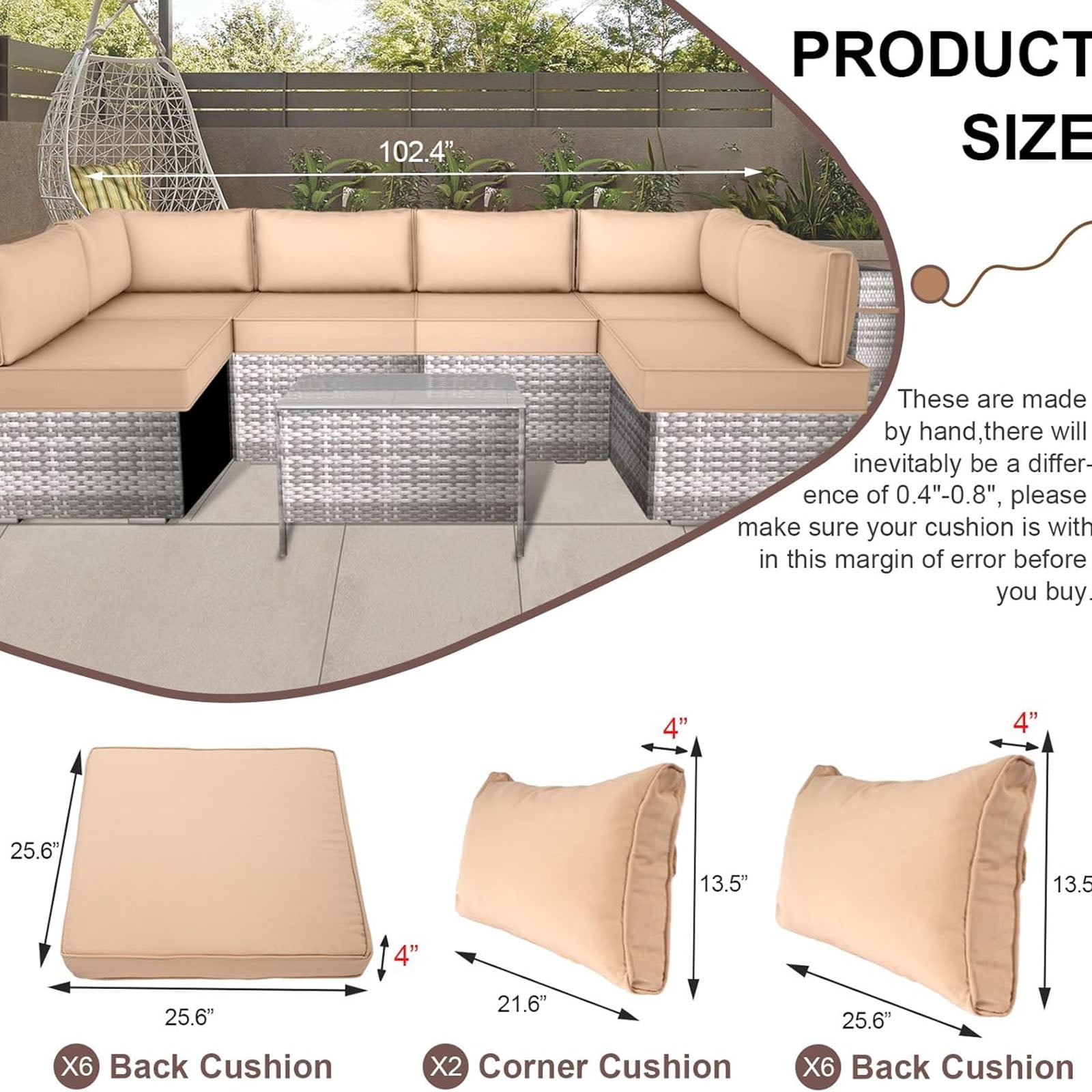 Outdoor Sectional Cushions, 6 Seat Patio Sectional Cushions, 4" Foam High-Density, Water-Resistant Patio Sofa Cushions Replacement Set（Beige）