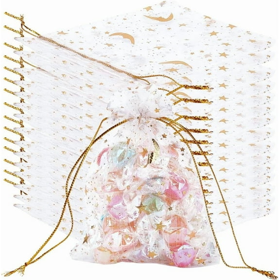 50Pcs Organza Bags Gold Stamping Stars White Drawstring Mesh Bags Rectangle Candy Gifts Storage Favor Pouches