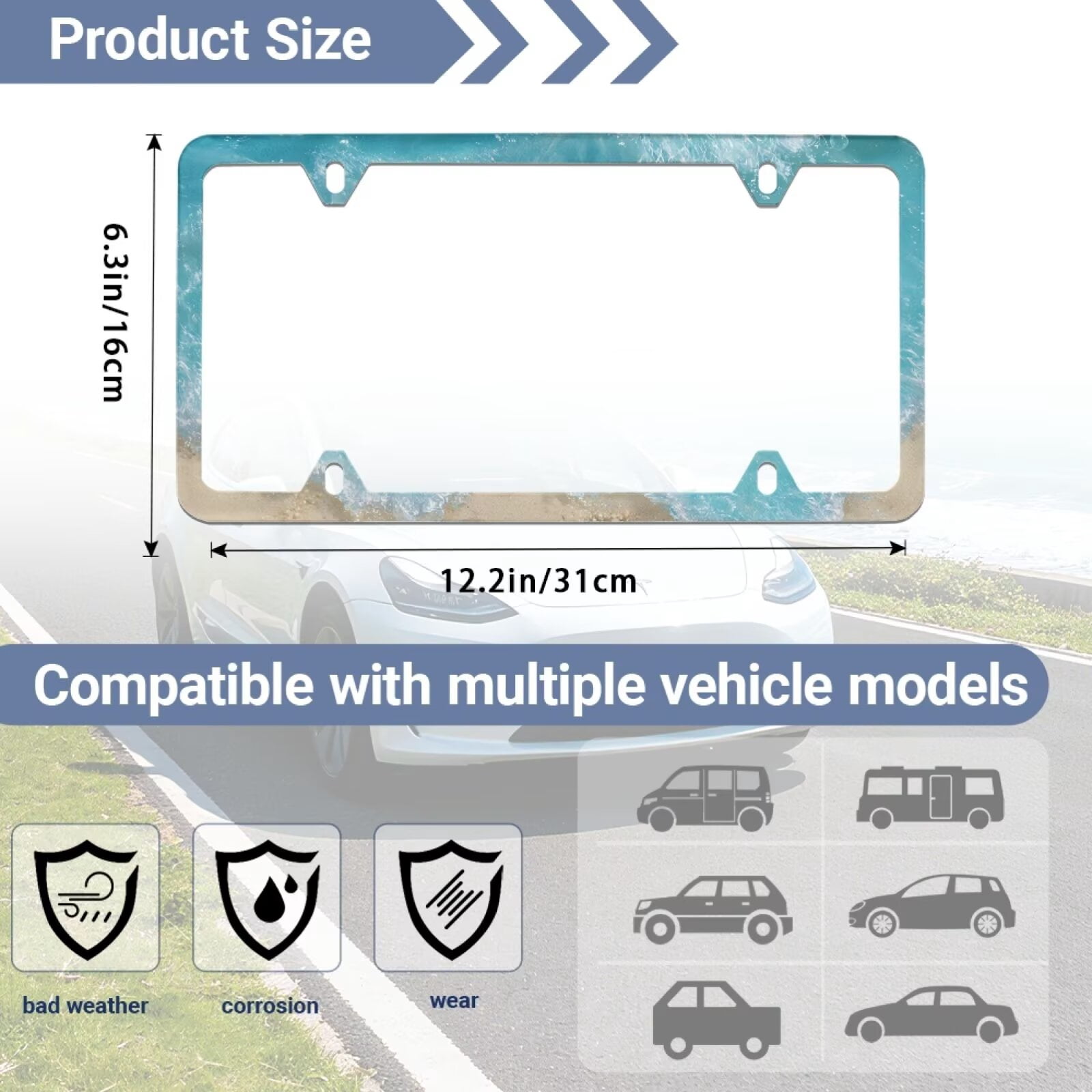 Jeiento Beach Style 2 PCS License Plate Frames with 4 Holes Rounded Corner Licence Plate Frame and Screws Slim Design for Standard US Vehicles