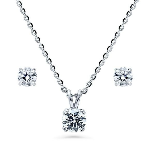 BERRICLE Sterling Silver Solitaire Round Cut Cubic Zirconia CZ Fashion Necklace and Earrings Set for Women, Rhodium Plated