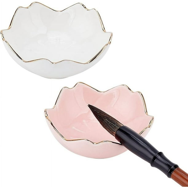 2 paletas de pintura de cerámica con forma de flor, cuenco multifuncional, plato de tinta de porcelana, soportes para pinceles chinos