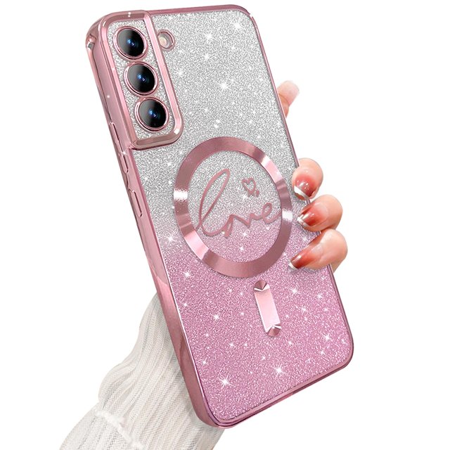 Zonrw Para Samsung Galaxy S22 Plus Funda Magnética Para Mujer Niña Suave Lindo Lujo Amor Corazón Chapado Bling Degradado Glitter Funda Para Teléfono Compatible Con Magsafe Transparente A Prueba De Gol