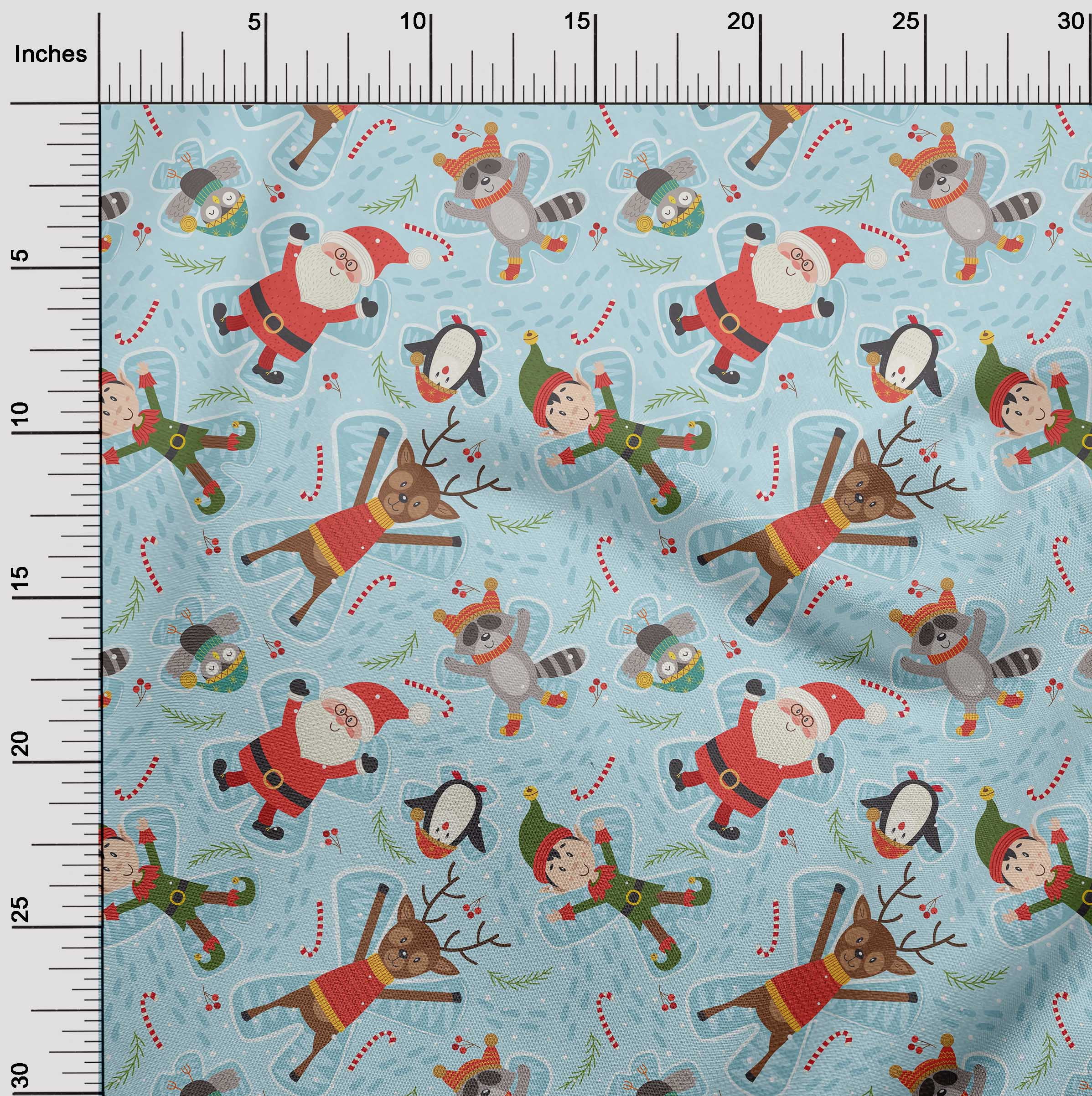 oneOone Cotton Poplin Twill Baby Blue Fabric Cartoon Animal|Candy Stick & Santa Christmas Sewing Material Print Fabric By The Yard 56 Inch Wide