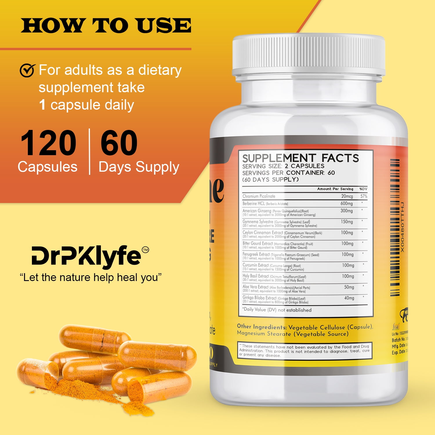 DrPKLyfe Berberine Herbal Blend Capsules, 120 Count