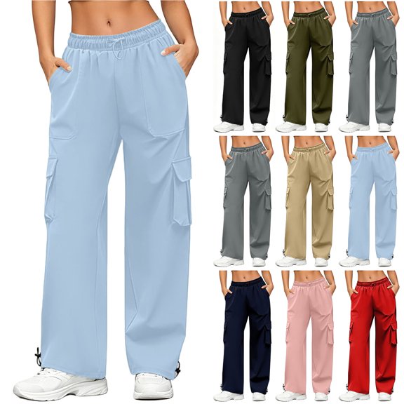Bloomae Cargo Pants Women Quick Dry Parachute Hiking Pants with Multi-Pockets Drawstring Elastic Waist Lightweight Camping Trekking Joggers