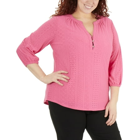 Cotton Mandarin Collar Shirt - Women's Plus Size 3/4 Sleeve Mandarin Collar Top