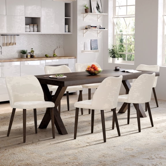 AFO Upholstered Modern Dining Chairs with Wooden Legs, Kitchen Side Chairs for Dining Room, Restaurant and Café, Set of 6, Beige
