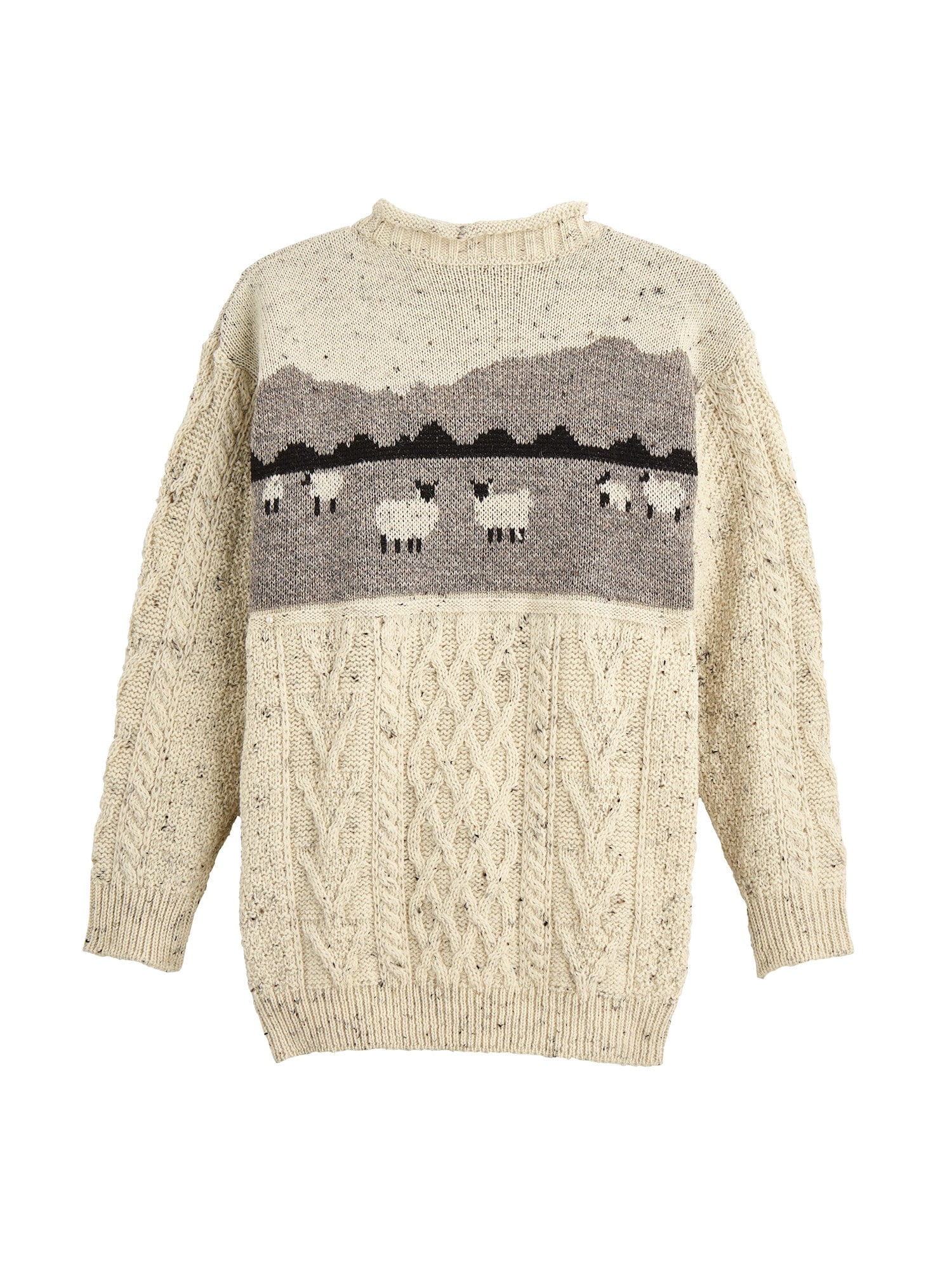 Floriana Men's Aran Knit Fisherman's Sweater with Sheep, 100% Wool, CR, Off-White