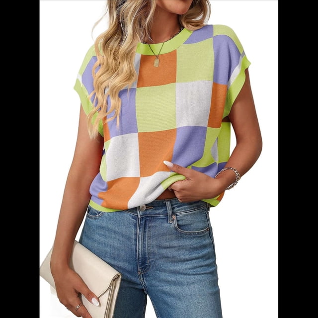 Suéter de Verano para Mujer, de Punto, con Cuello Redondo, Mangas y Bloques de Color, Color Taro, Talla S