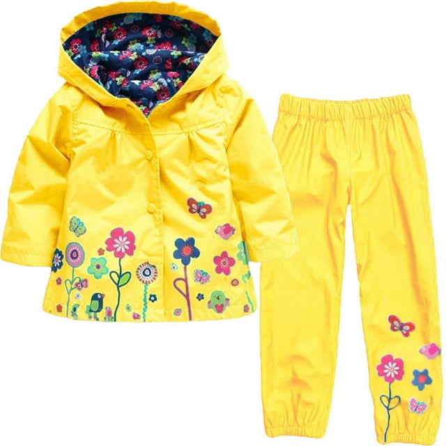 Virmaxy Ensemble Veste à Enfiler pour Tout-Petit Bébé Fille Printemps Automne Mignonne Fleur Coupe-Vent Imperméable Veste à Capuche Jaune 4T
