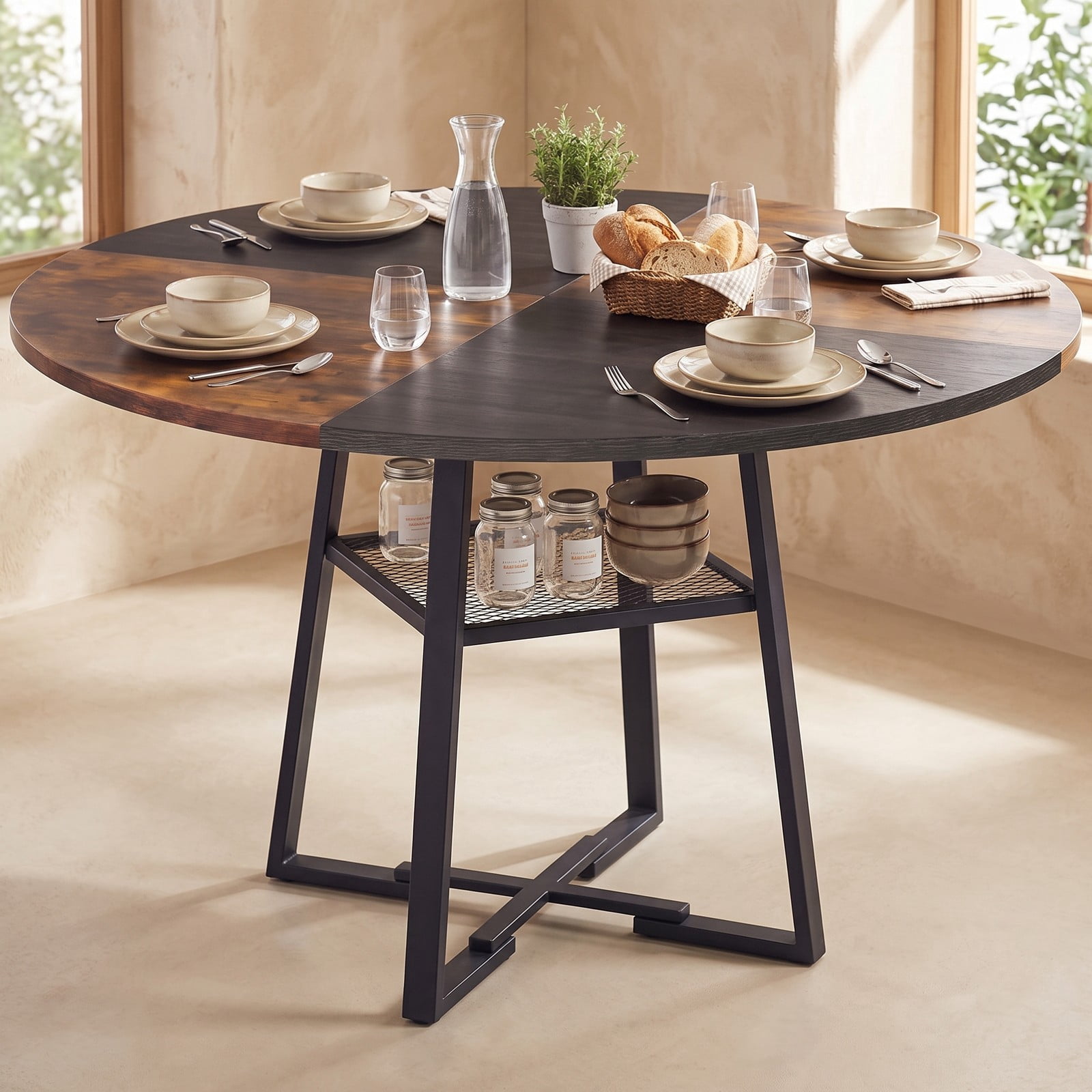 Furnibear 47.5" Round Dining Table for 4-6 with Storage Shelf, Metal Legs and Rubber Wood Frame, Farmhouse Kitchen Dinette Table with Mesh Shelf for Home, Rustic Brown