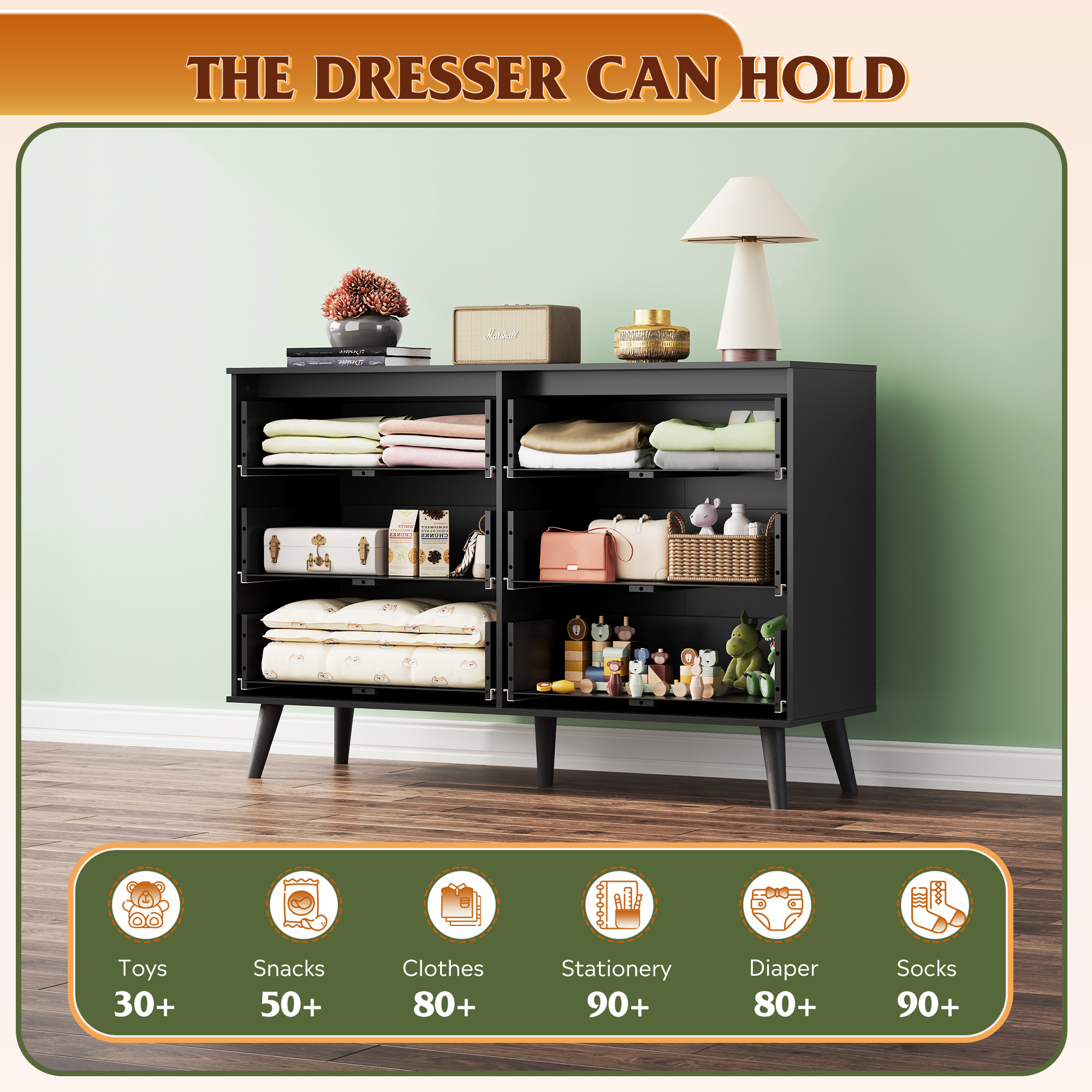 GALAXHERO 6 Drawer Wood Dresser, 47.2" Wide Chest of Drawer with Metal Handles, TV Stand for 55" TV, Double Dresser for Bedroom, Living Room, Hallway, Closet, Black