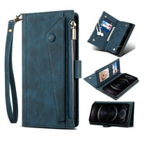 Dteck Zipper Wallet Case for Samsung Galaxy S23 Ultra,Magnetic Leather Card Pocket Crossbody Case Shockproof Rubber Kickstand Full Body Cover with Shoulder & Wrist Strap,Darkblue