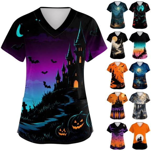 IYYVV Halloween Scrub Tops Women V Neck Ghost Pumpkin Printed Scrub Top Medical Nurse Shirt Medical Scrubs With Pockets Holiday Multicolor 4XL