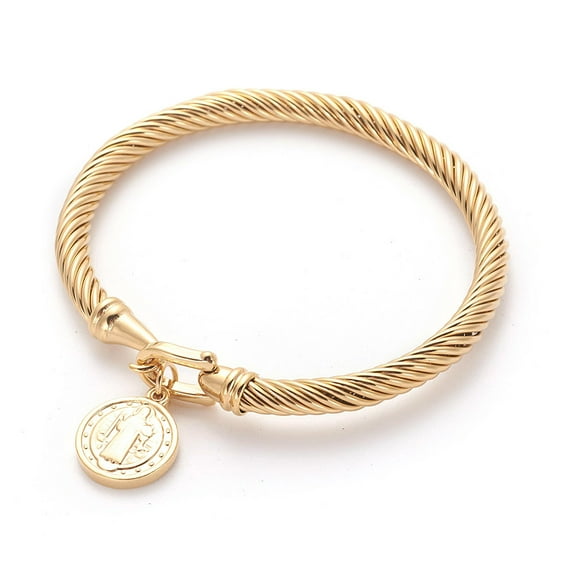 1 pc 304 Stainless Steel Charm Bangles Flat Round with Saint Benedict Golden 2-1/4 inch(5.65cm) Charm: 17x14x2.5mm