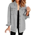 thumbnail image 2 of Women Shirts, Baberdicy Women's Washed Denim Shirt Jacket Fashion Casual Jean Jackets Long Sleeve with Raw Hem Button down Outerwear , Grey L, 2 of 7