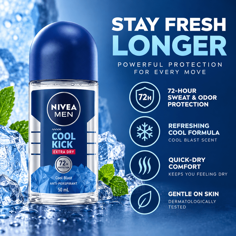 NIVEA Men Cool Kick Anti-Perspirant Roll-On, 50ml, 72 Hr Sweat and