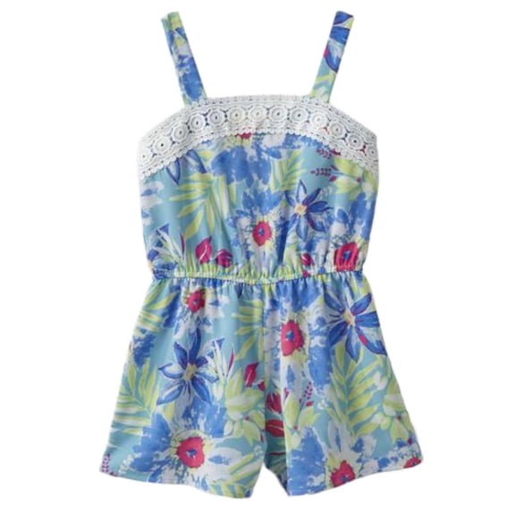 Lilt Big Girls Tropical Blue Floral Print Romper Large (10-12)