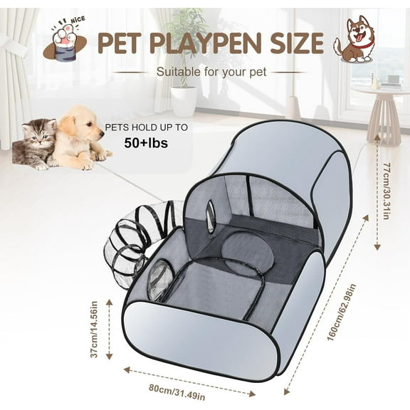 Playpen with Tunnel, Foldable Pet Enclosure for Indoor/Outdoor Use, Breathable Soft Sides with Carry Bag