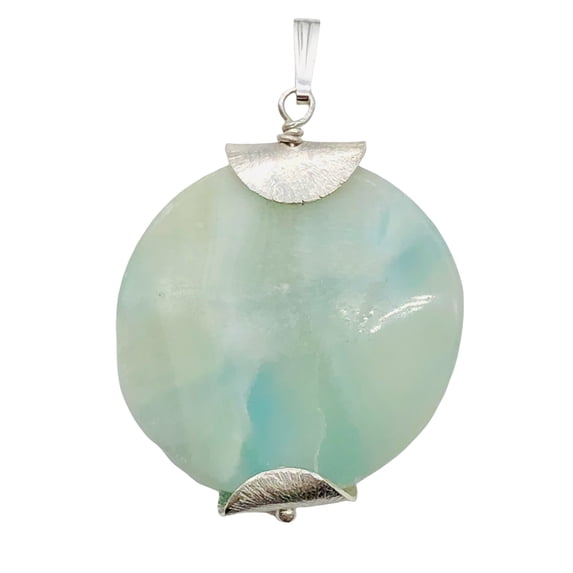 Wavy Hemimorphite Sterling Silver Disc Dangle Pendant 1 3/4" Long | Aqua/Green |