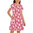 thumbnail image 4 of Girls Summer Dress Girls Cat Print Short Sleeve Crew Neck Casual Dress Knee Length Soft Comfortable Kids Summer Outfit for Toddler Daily Pink 7 Years-8 Years, 4 of 4