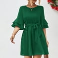thumbnail image 6 of Wycnly Womens Dresses Fashion Flared Sleeve Solid Elastic Waist Swing A Line Mini Dresses with Belt Summer Plain Crewneck Elbow-Length Formal Short Dress Green m, 6 of 7