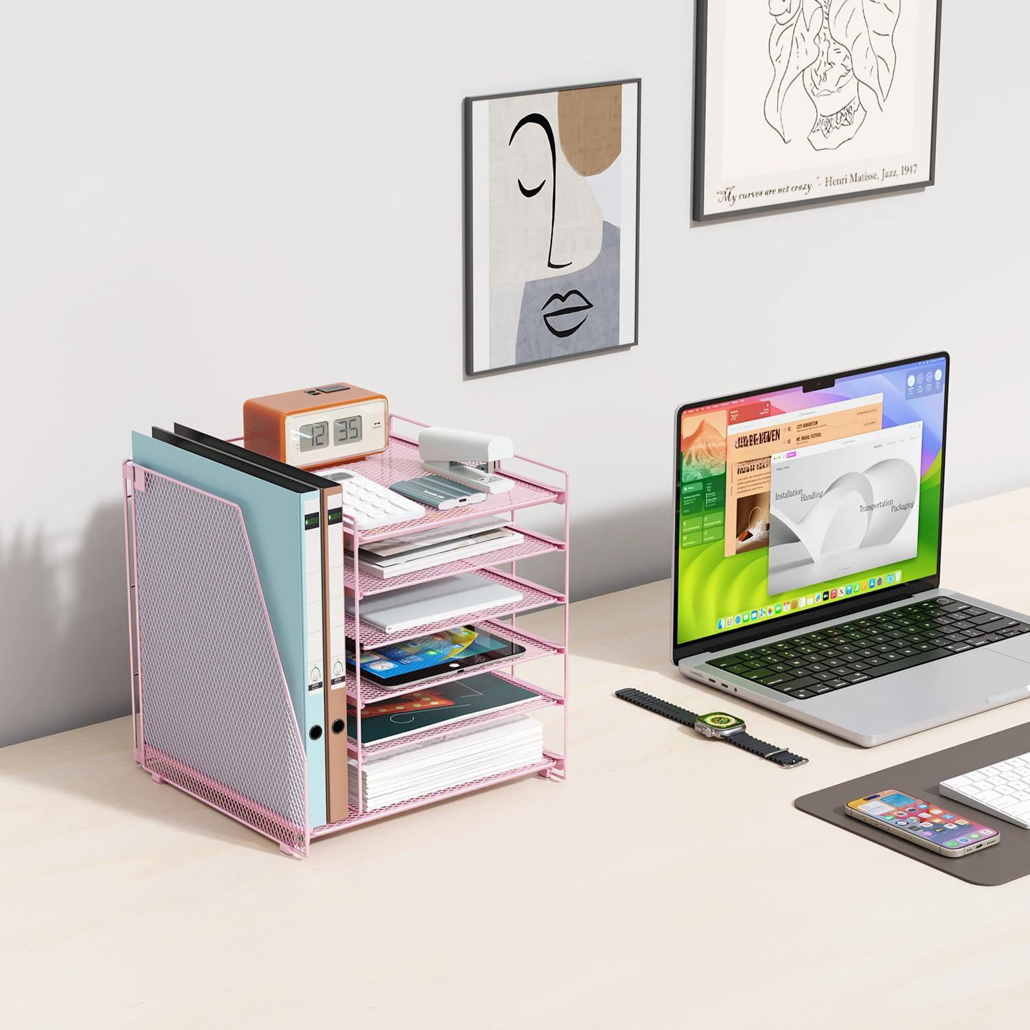 6-tier Paper Organizer With Magazine Holder  Desk Organizers And Accessories & Workspace File For Office Supplies Storag (pink 6-tier)