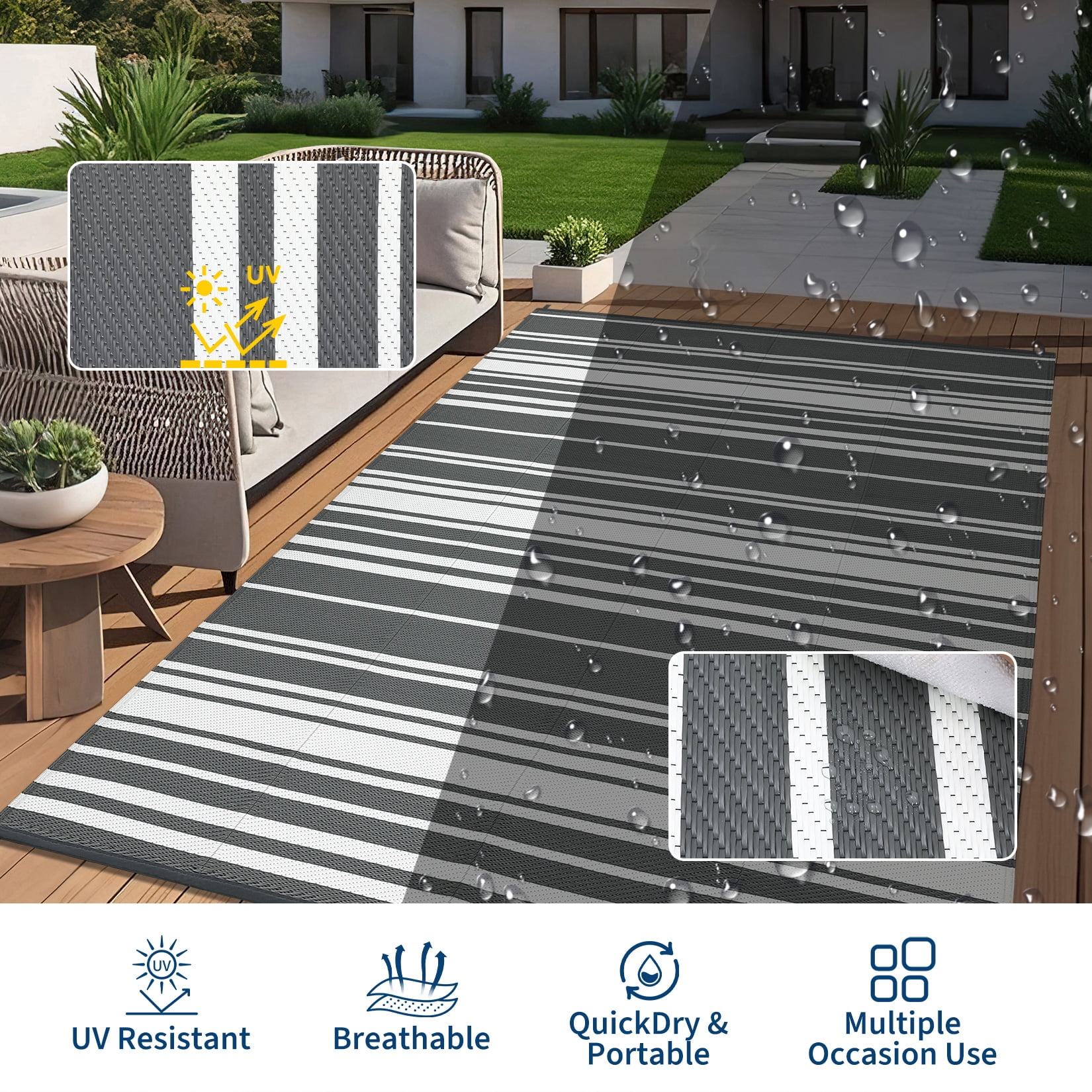 HIWEAVER 9' x 18' Gray Outdoor Rug PP Plastic Straw Woven Waterproof Patio Rug with Border Portable Outside Carpet for Balcony Deck Picnic Garden Decor