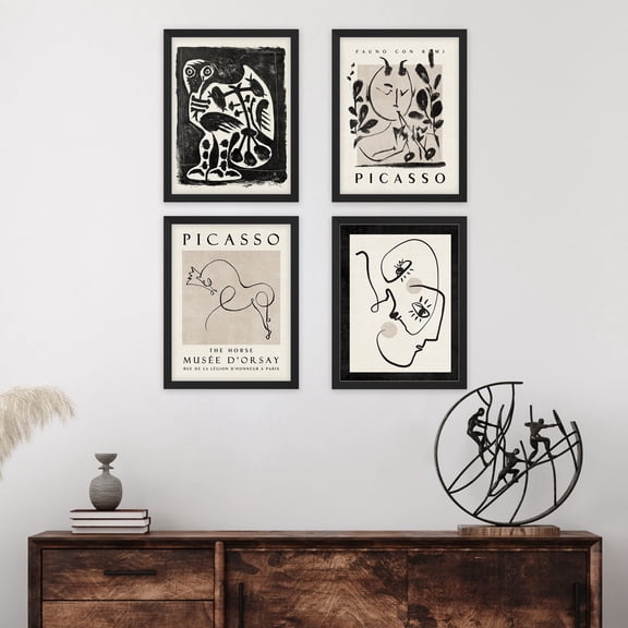 PixonSign Framed Wall Art Pablo Picasso Portrait and Plant Illustrations Posters, Set of 4 Duotone Variety Classic Digital Art Vintage Retro Abstract Canvas Prints for Home Decor - 11"x14" Black