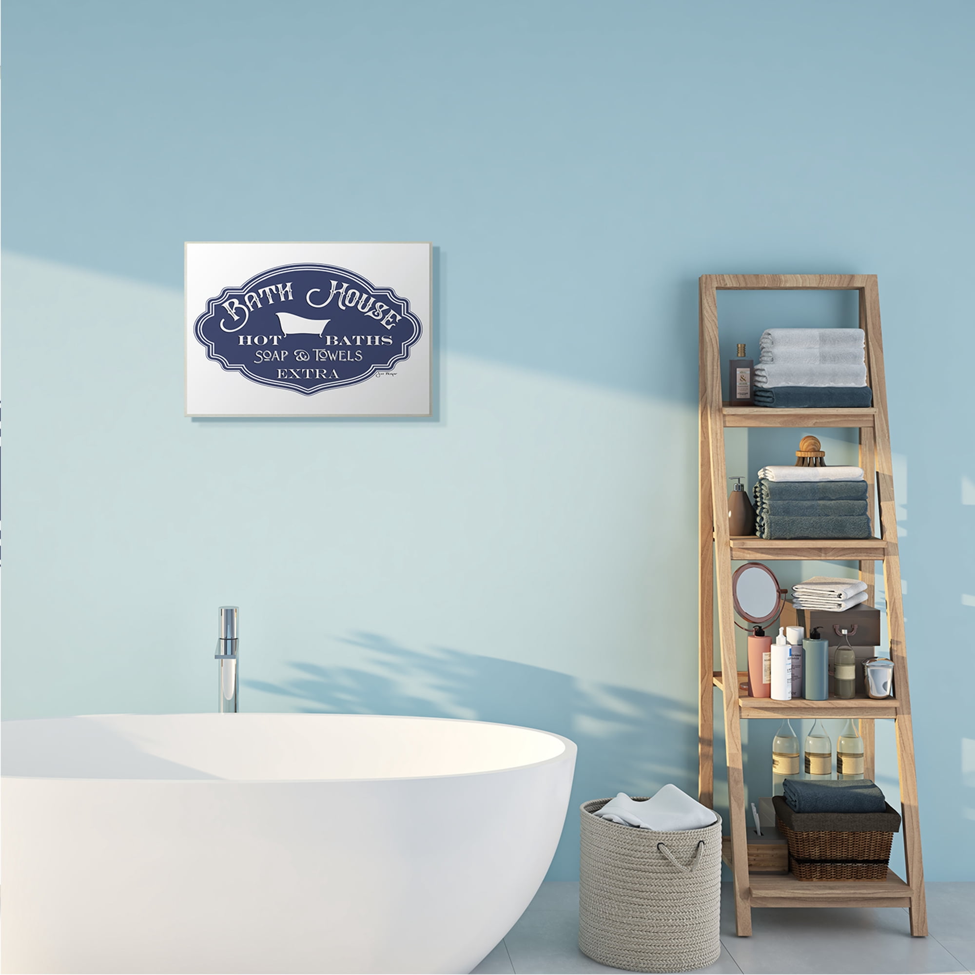 Stupell Industries Vintage Bath House Sign Minimal Blue White Typography Painting Wall Plaque Art Print Wall Art, 13 x 19